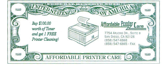 Buy $100 worth of toner and get 1 FREE printer cleaning!